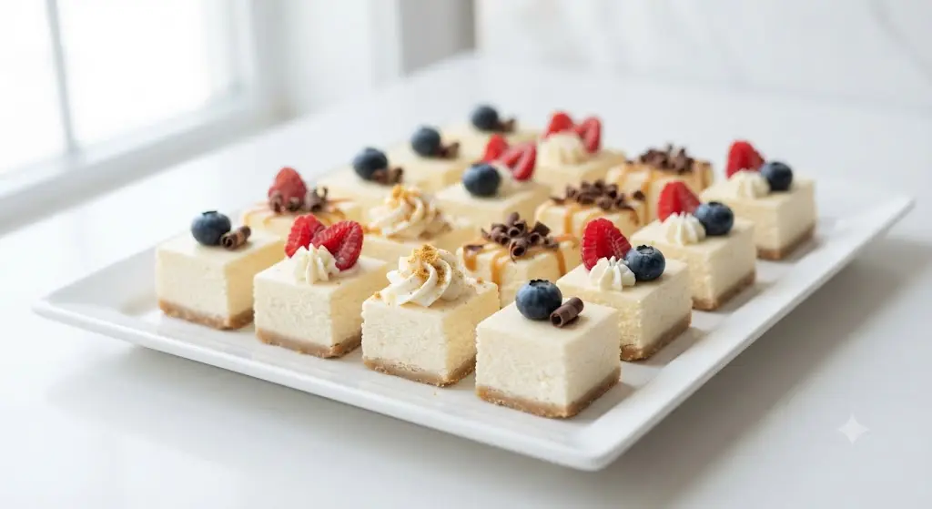 Cheesecake bites topped with berries, whipped cream and chocolate