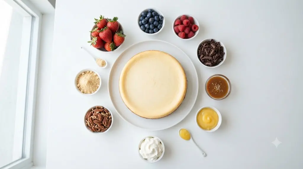 Cheesecake topping ideas with berries, chocolate, caramel and nuts