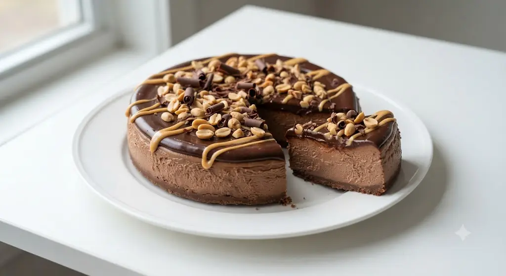 Chocolate peanut butter cheesecake topping with roasted peanuts