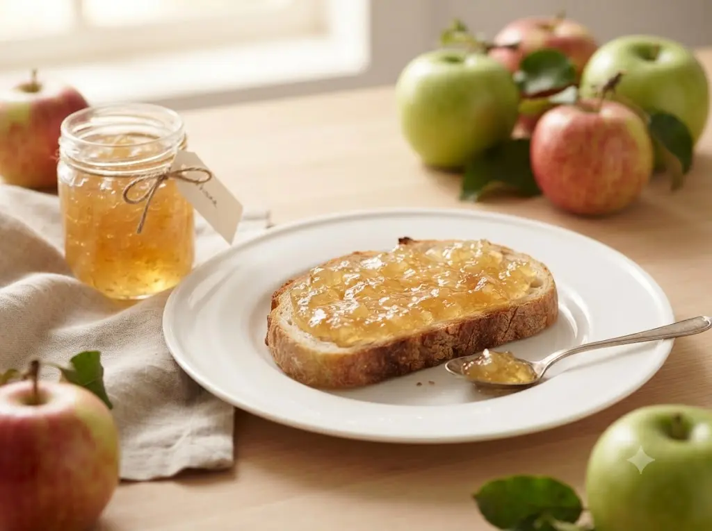 Homemade apple jelly made from fresh apples on toast