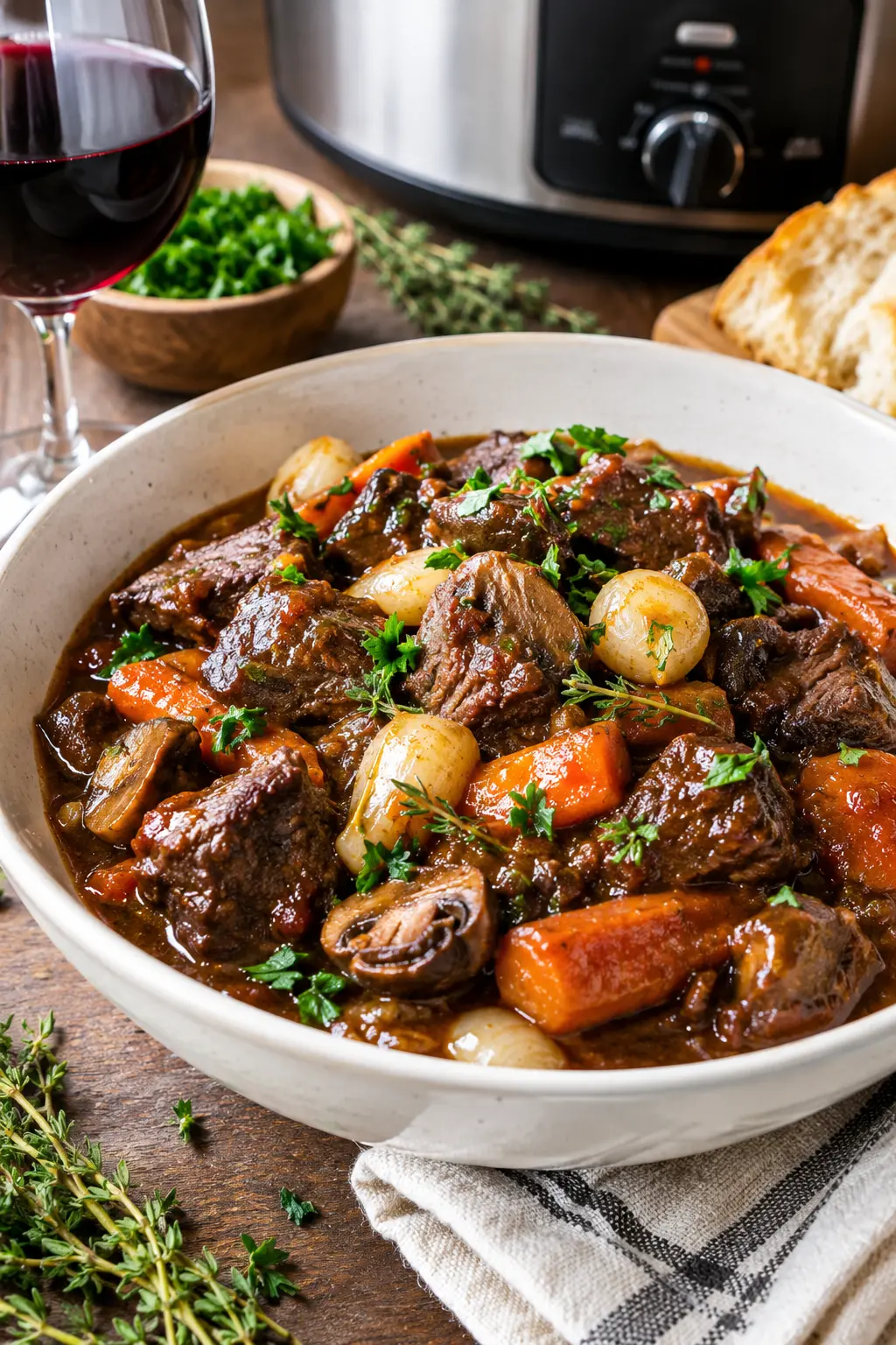 Slow Cooker Beef Bourguignon With Red Wine